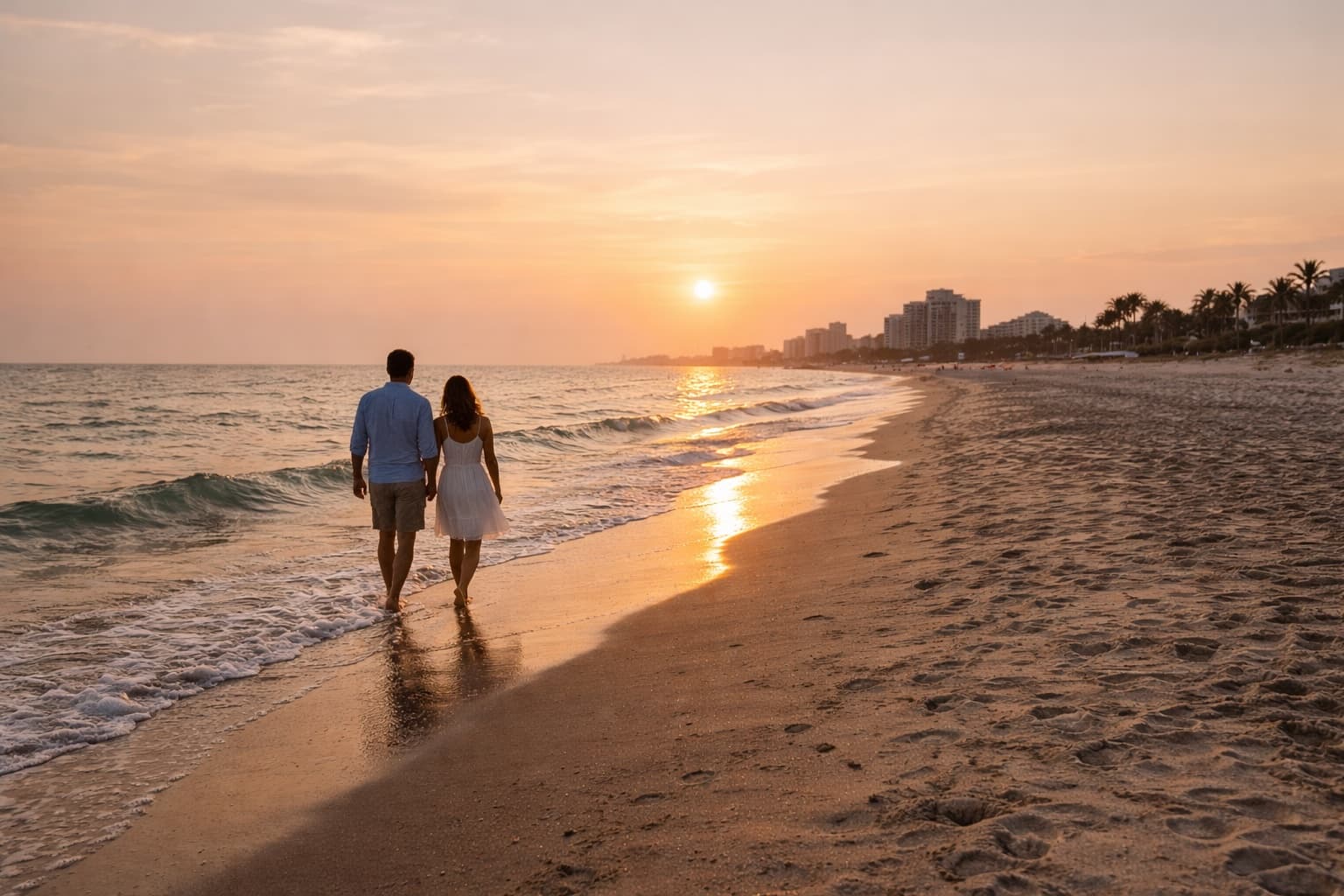 Couple walking on the beach at sunset during a Myrtle Beach honeymoon
