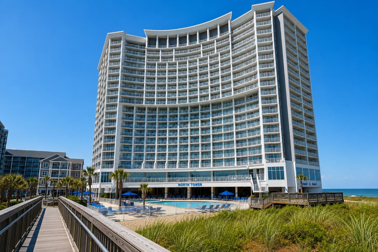 SeaWatch Resort North Tower beside the pool deck and beach walkway