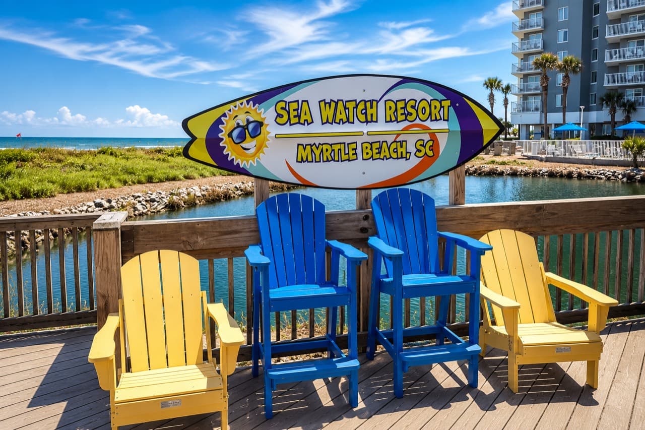 SeaWatch Resort welcome sign overlooking the lagoon and Atlantic Ocean