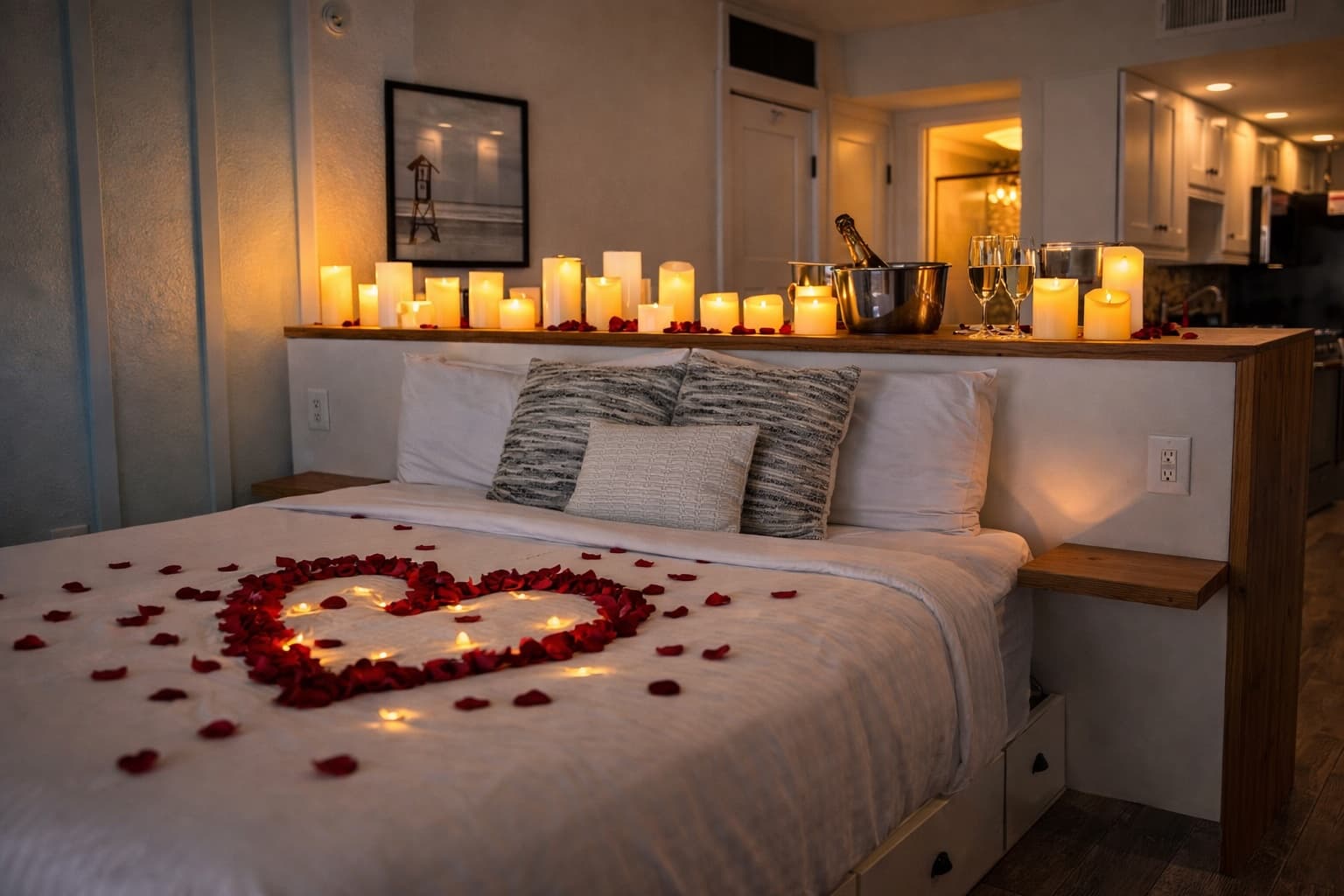 Romantic room setup with candles and champagne in Myrtle Beach condo
