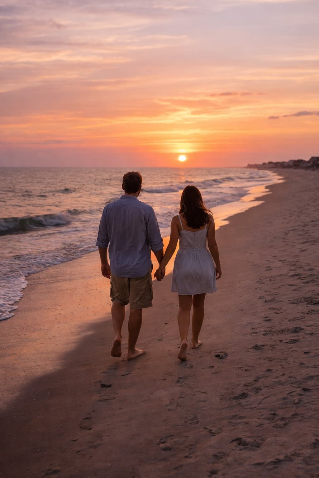 Couple walking on the beach at sunset in Myrtle Beach