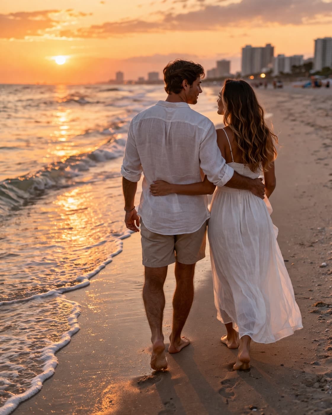 Couple walking on the beach at sunset in Myrtle Beach