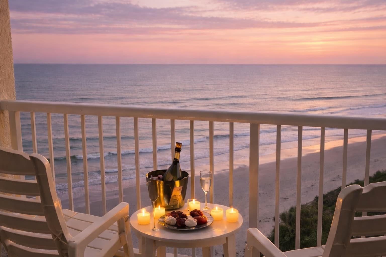 Oceanfront balcony in Myrtle Beach with sunset colors in the sky
