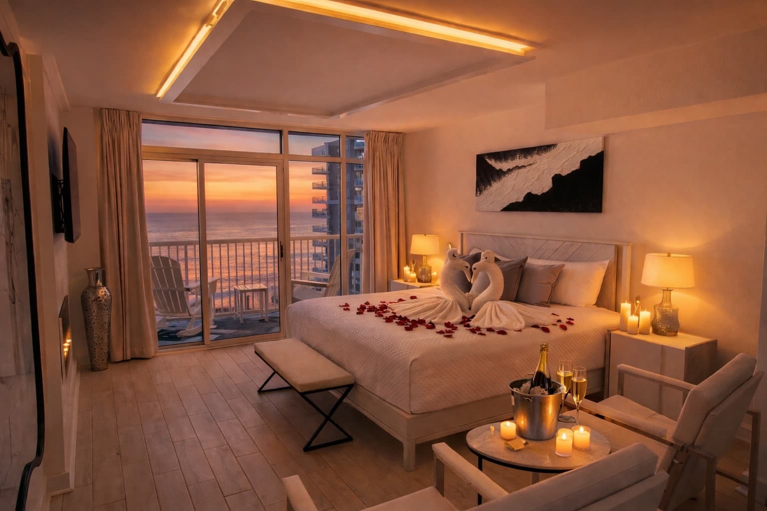 Romantic room with rose petals champagne and candlelight setup