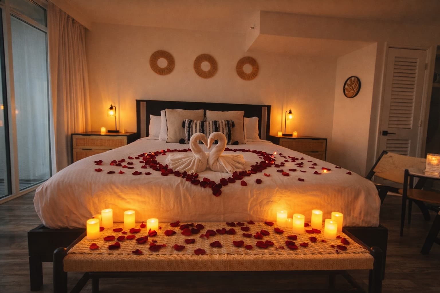 Romantic room setup with champagne, rose petals, and candlelight