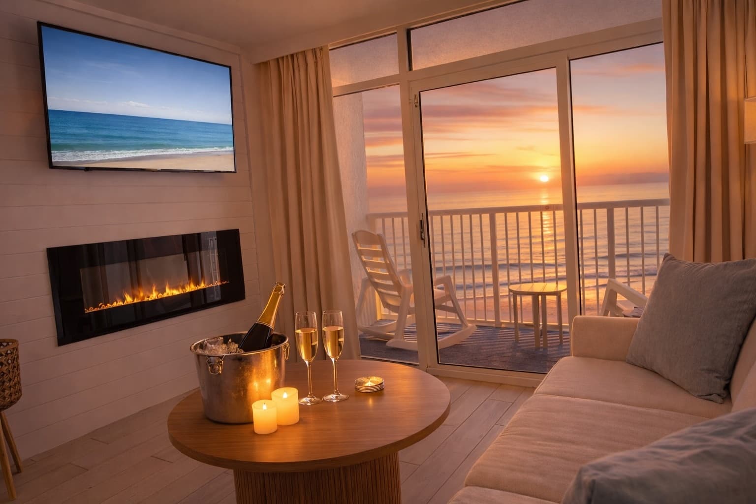 Champagne and candlelight setup in Myrtle Beach condo bedroom