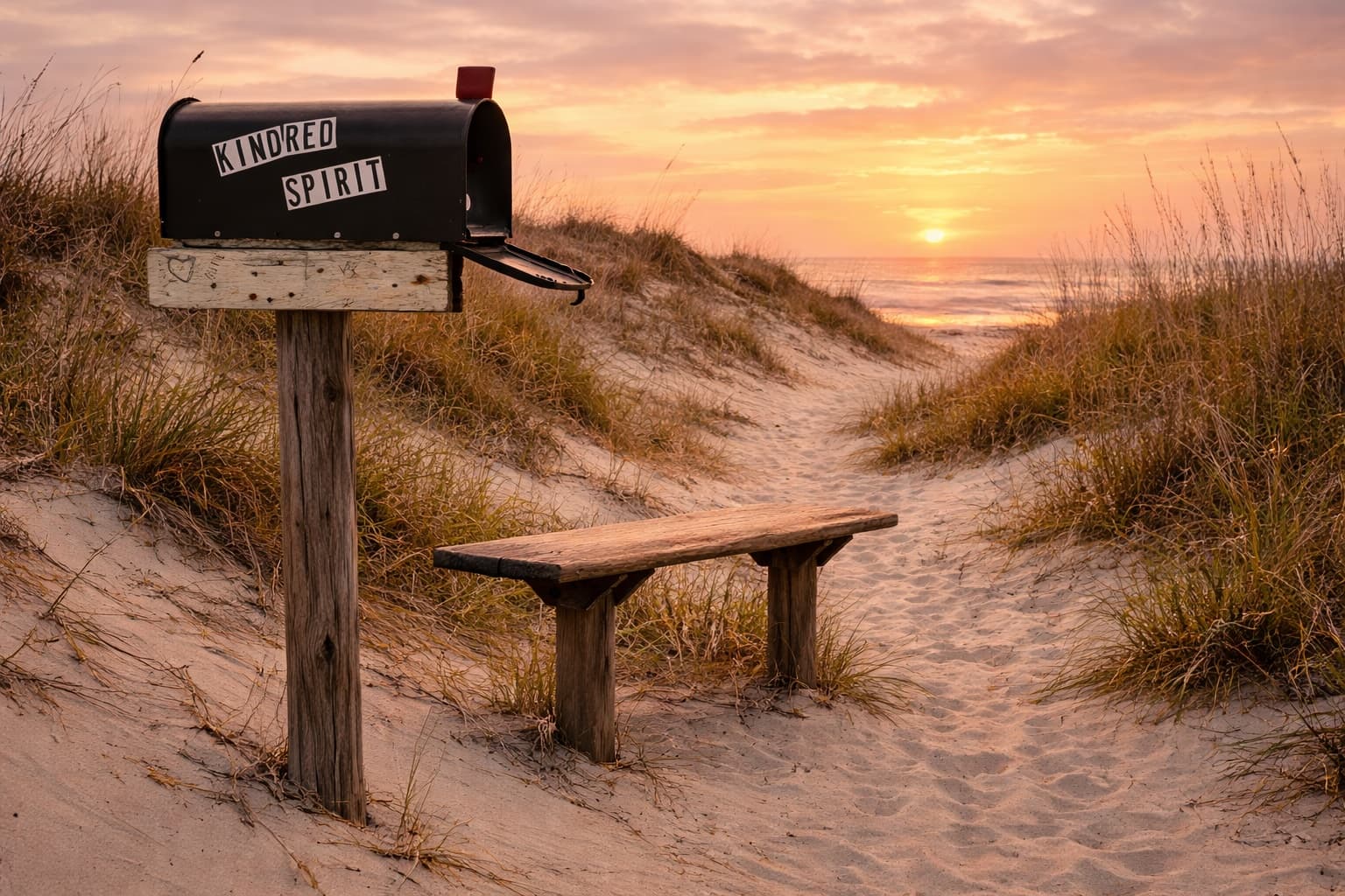 Kindred Spirit Mailbox at sunset near Sunset Beach
