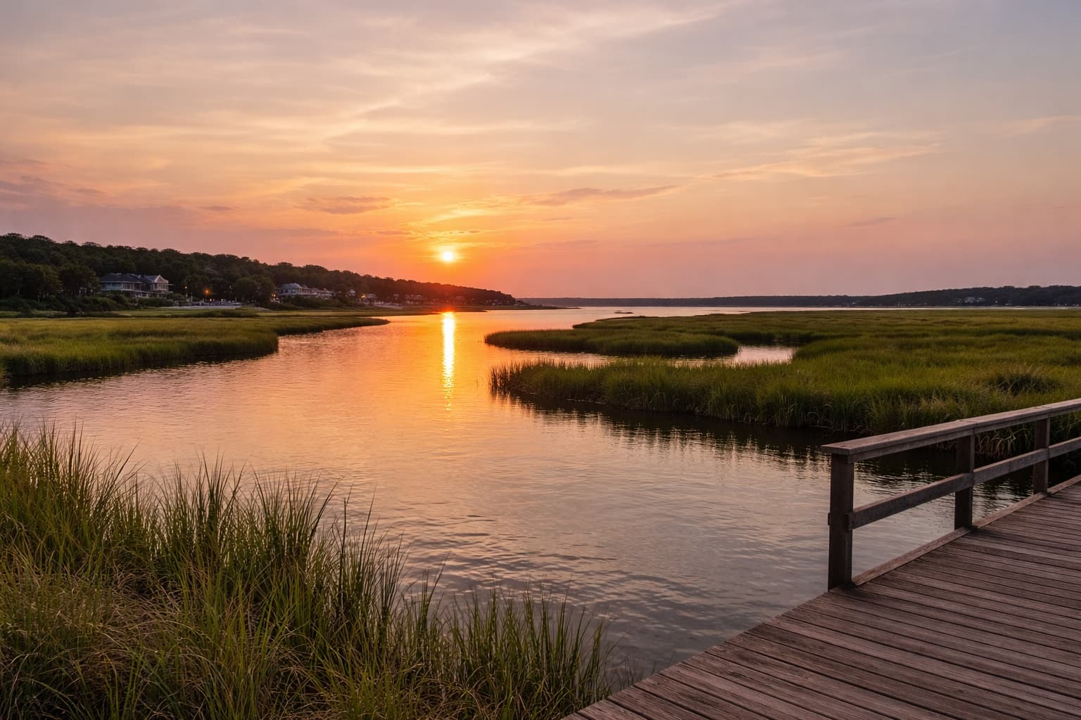 Sunset over marsh water near Myrtle Beach with golden reflections