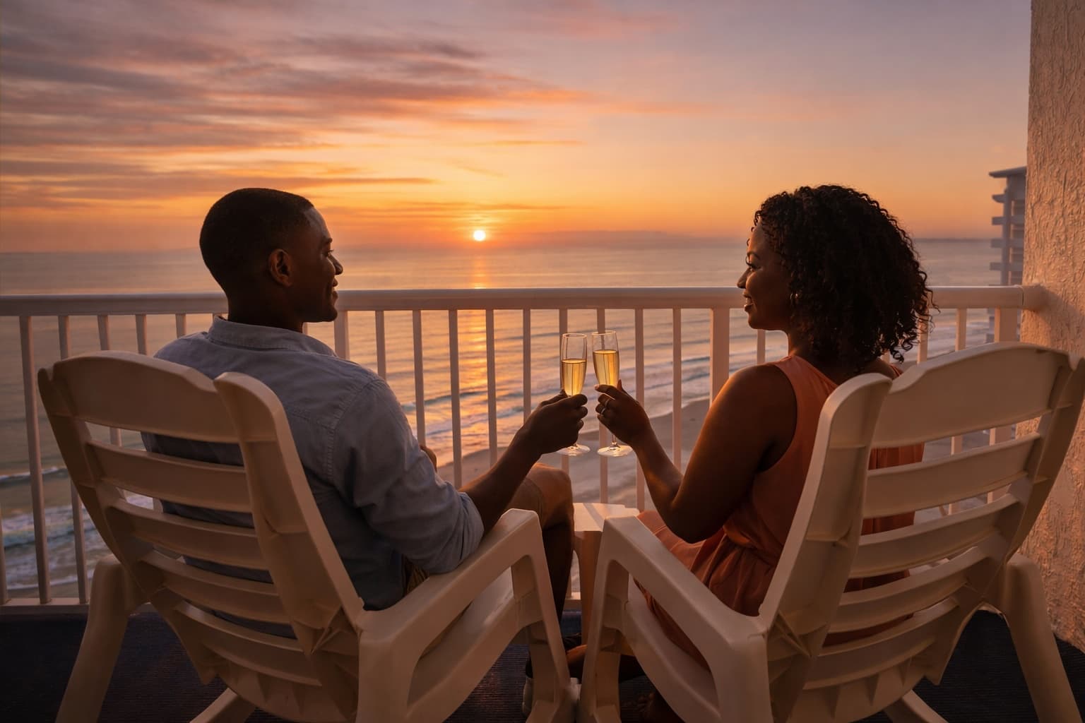 Oceanfront balcony at sunset with couple enjoying champagne