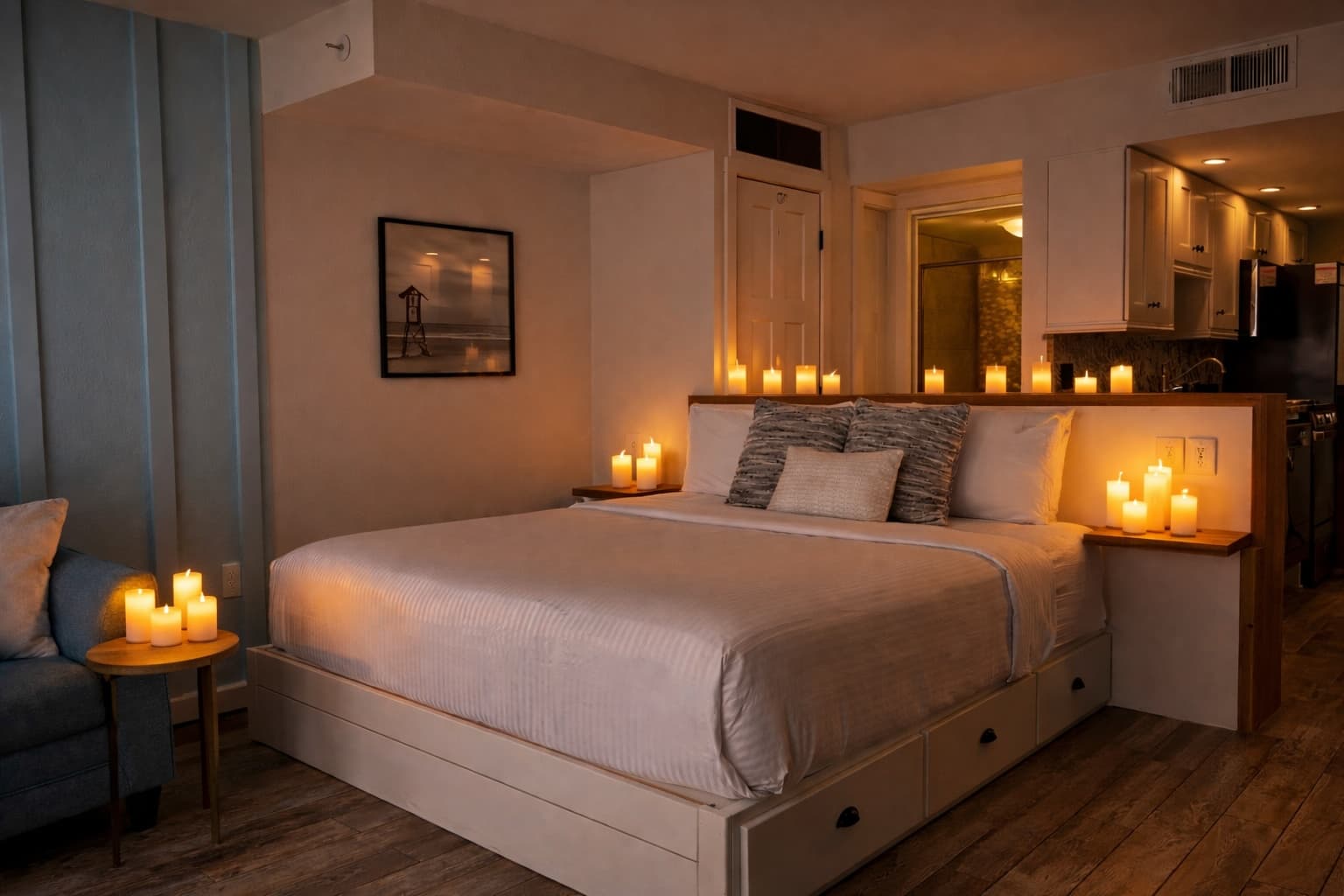 Bedroom with warm candlelight setup for romantic stay
