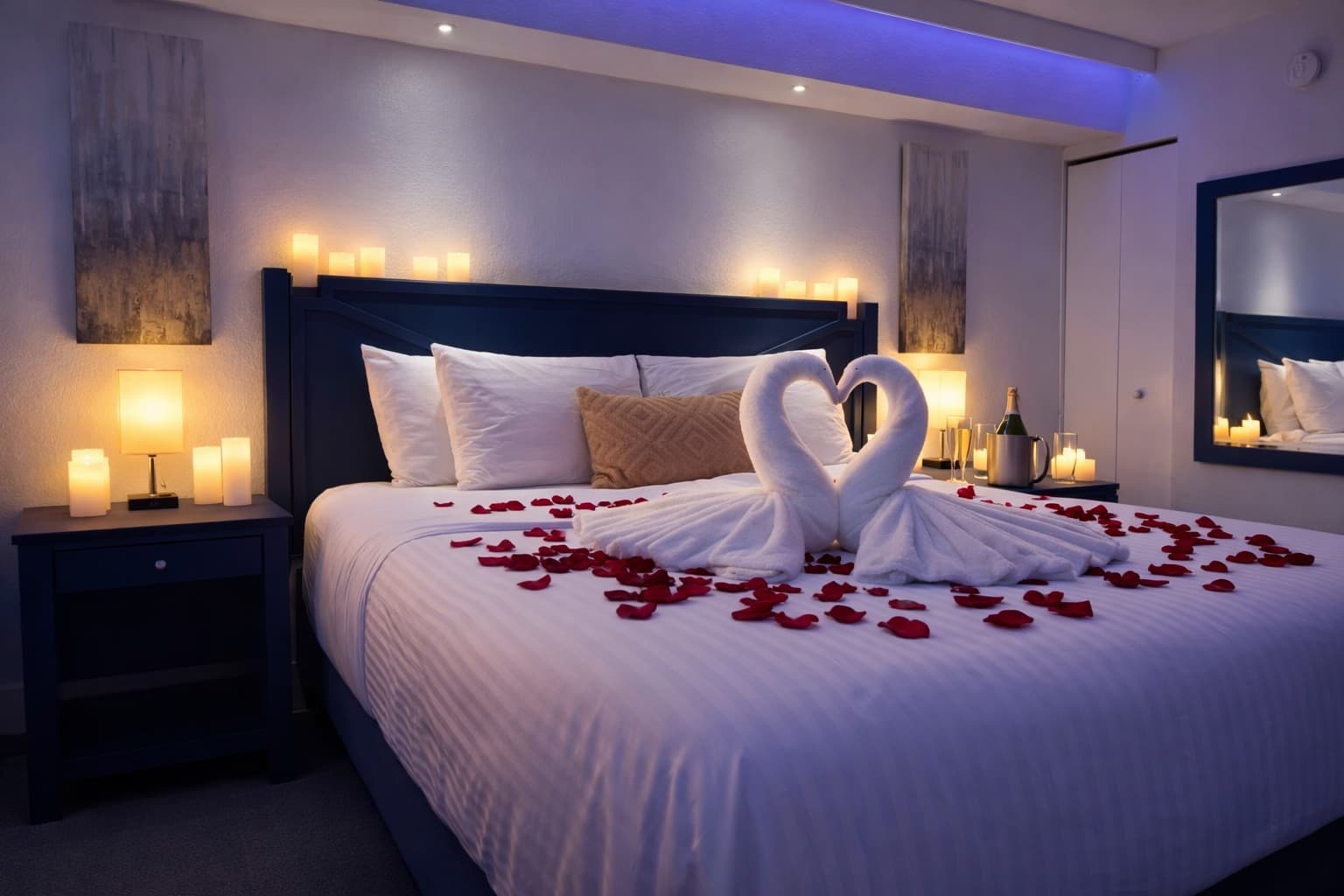 Romantic bedroom setup with candles and rose petals in Myrtle Beach condo