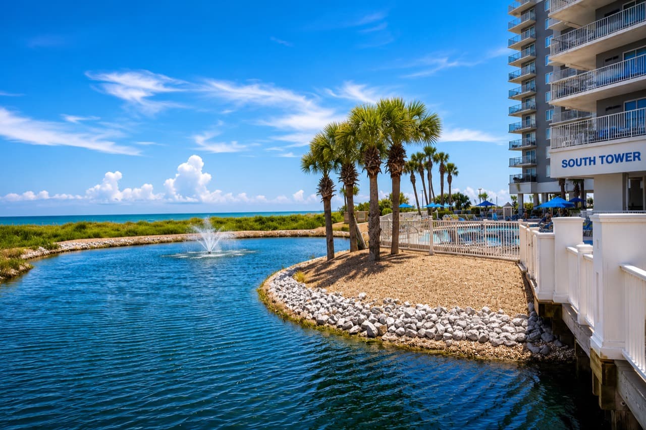SeaWatch Resort lagoon and South Tower in daylight